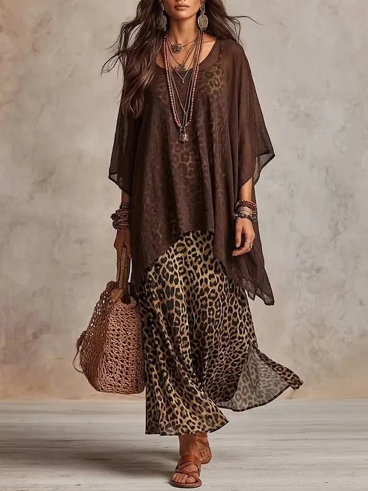 Robe longue à volants à motif léopard style bohème