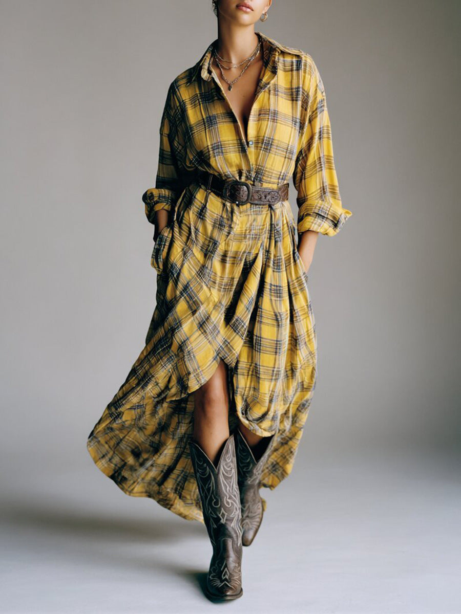 Robe chemise à carreaux rétro avec ceinture