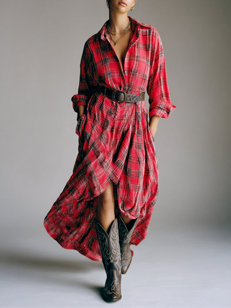Robe chemise à carreaux rétro avec ceinture