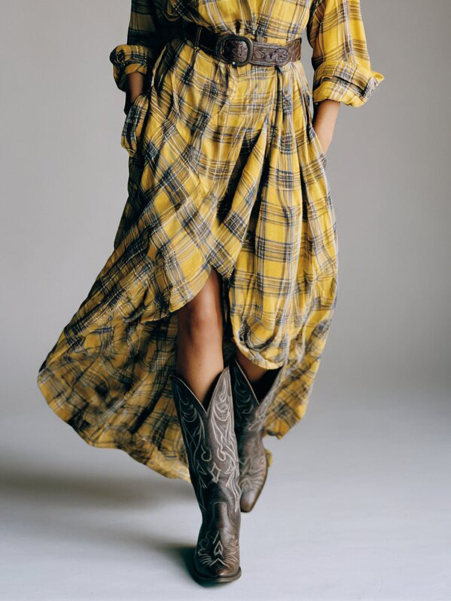 Robe chemise à carreaux rétro avec ceinture
