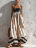 Robe longue à rayures noires et beiges à fines bretelles