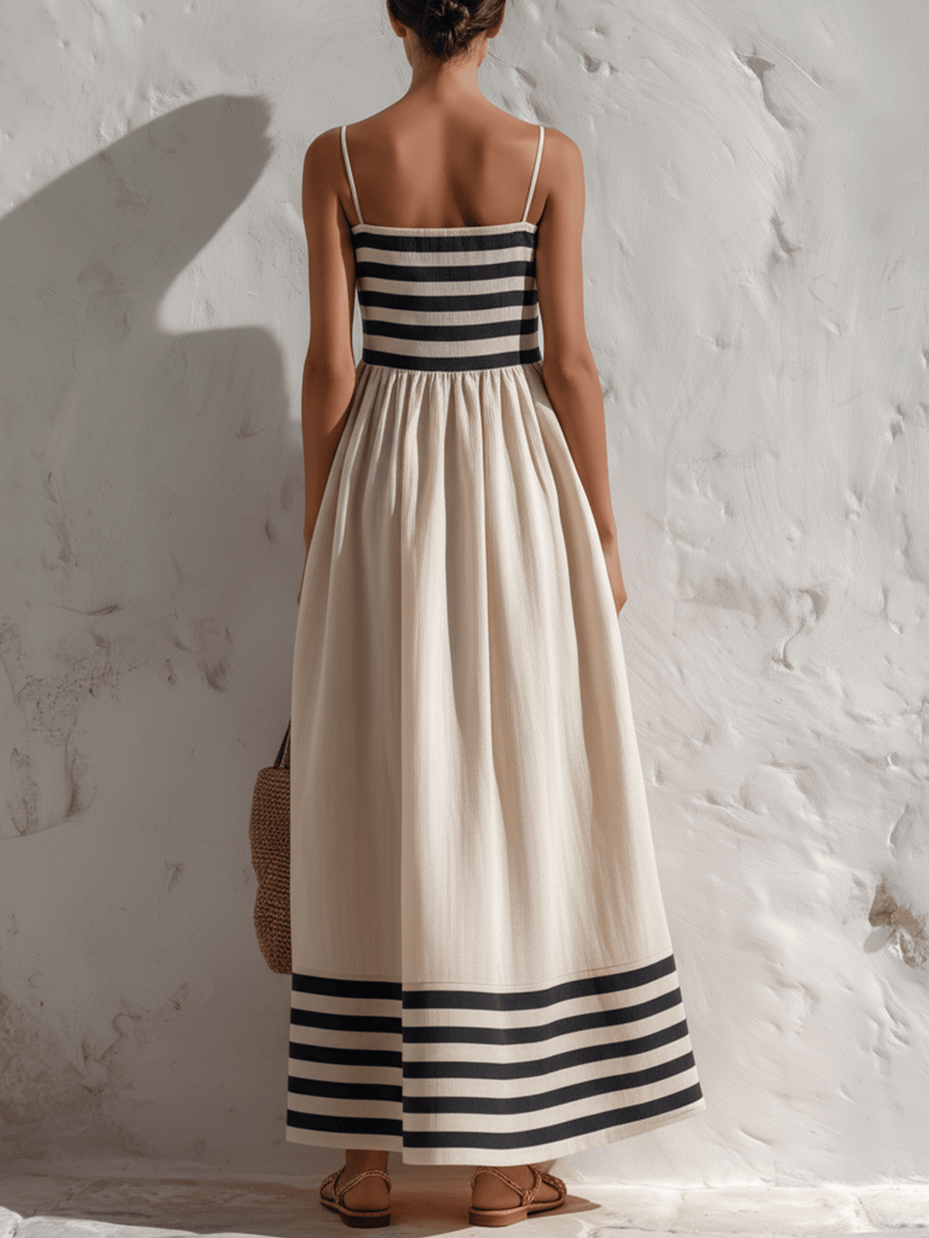 Robe longue à rayures noires et beiges à fines bretelles