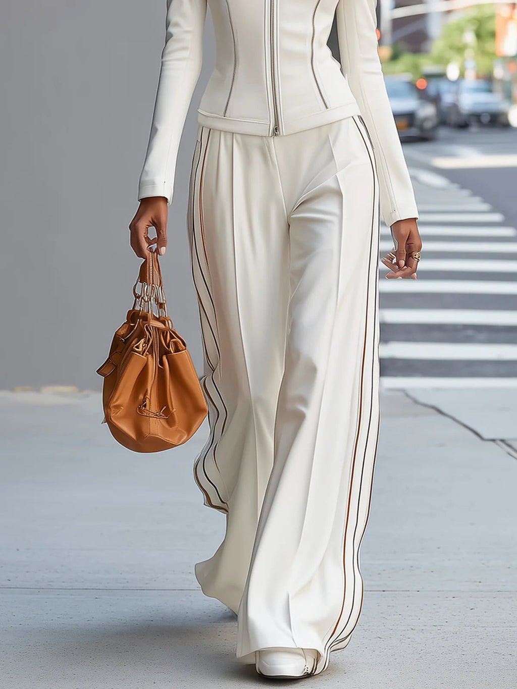 Ensemble blanc avec col mao, fermeture éclair et pantalon large