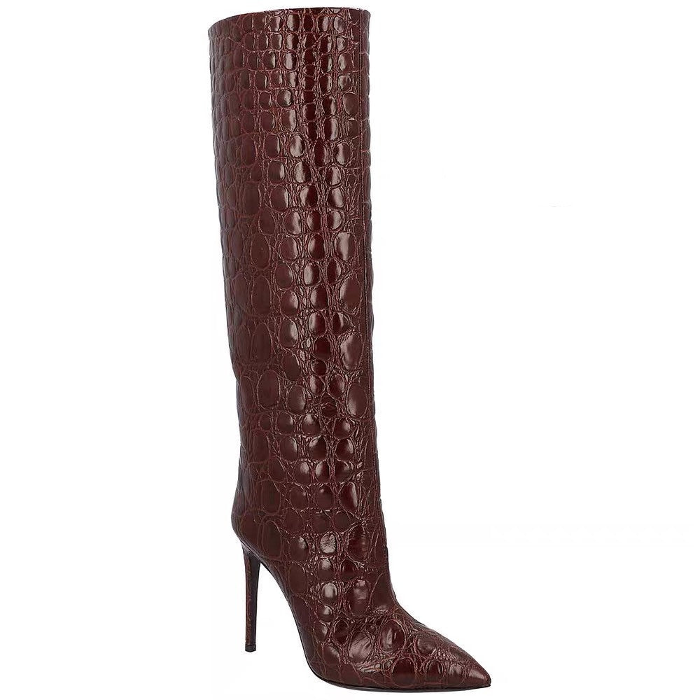 Bottes droites à motif serpent et talons hauts
