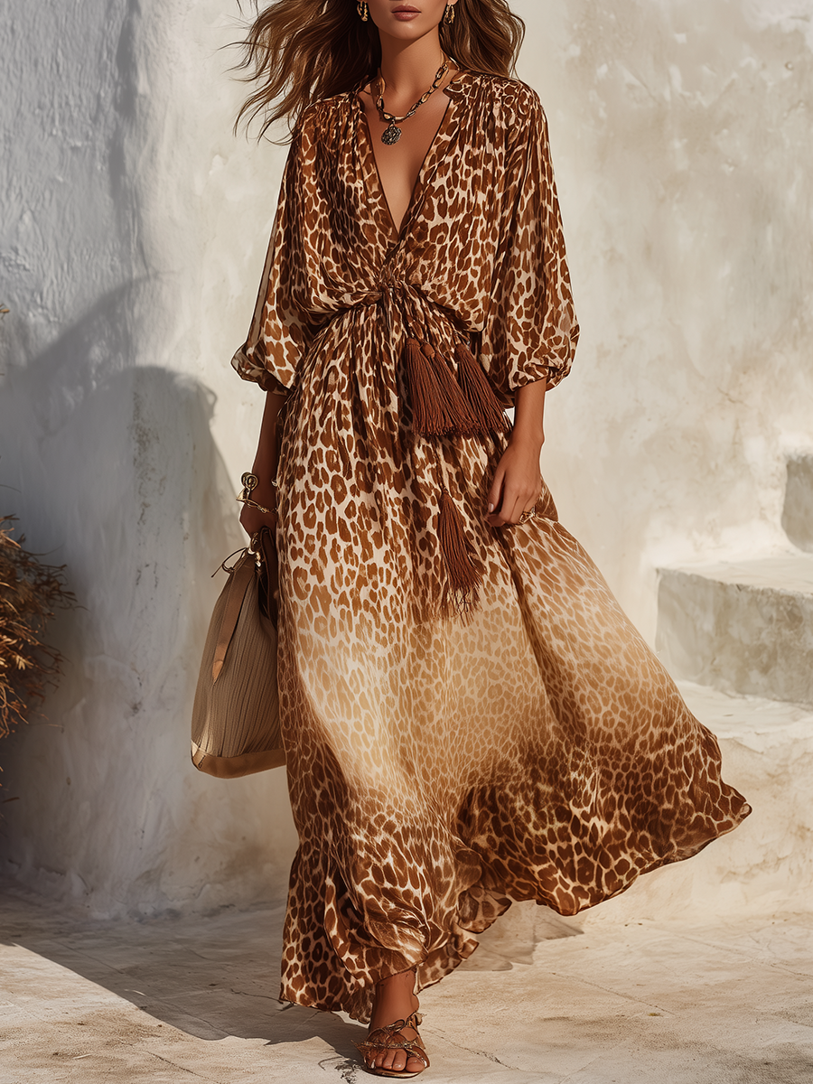 Robe longue rétro à décolleté en V et imprimé léopard