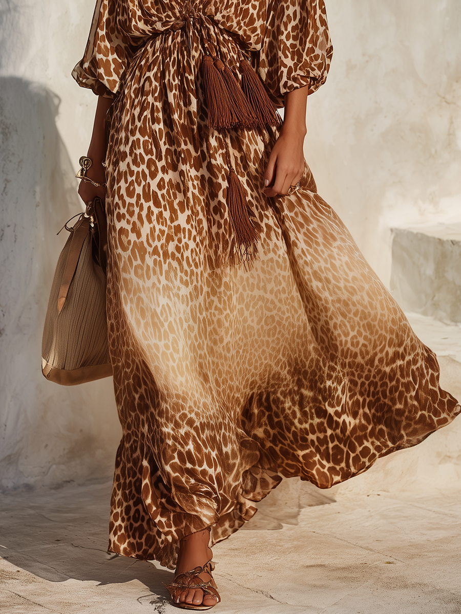 Robe longue rétro à décolleté en V et imprimé léopard