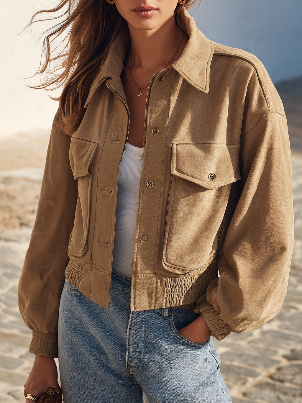 Blouson bomber court, style streetwear rétro, couleur kaki, aspect daim