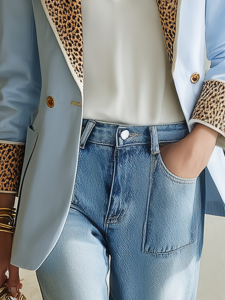 Blazer à manches longues avec revers, style villégiature, à motif léopard