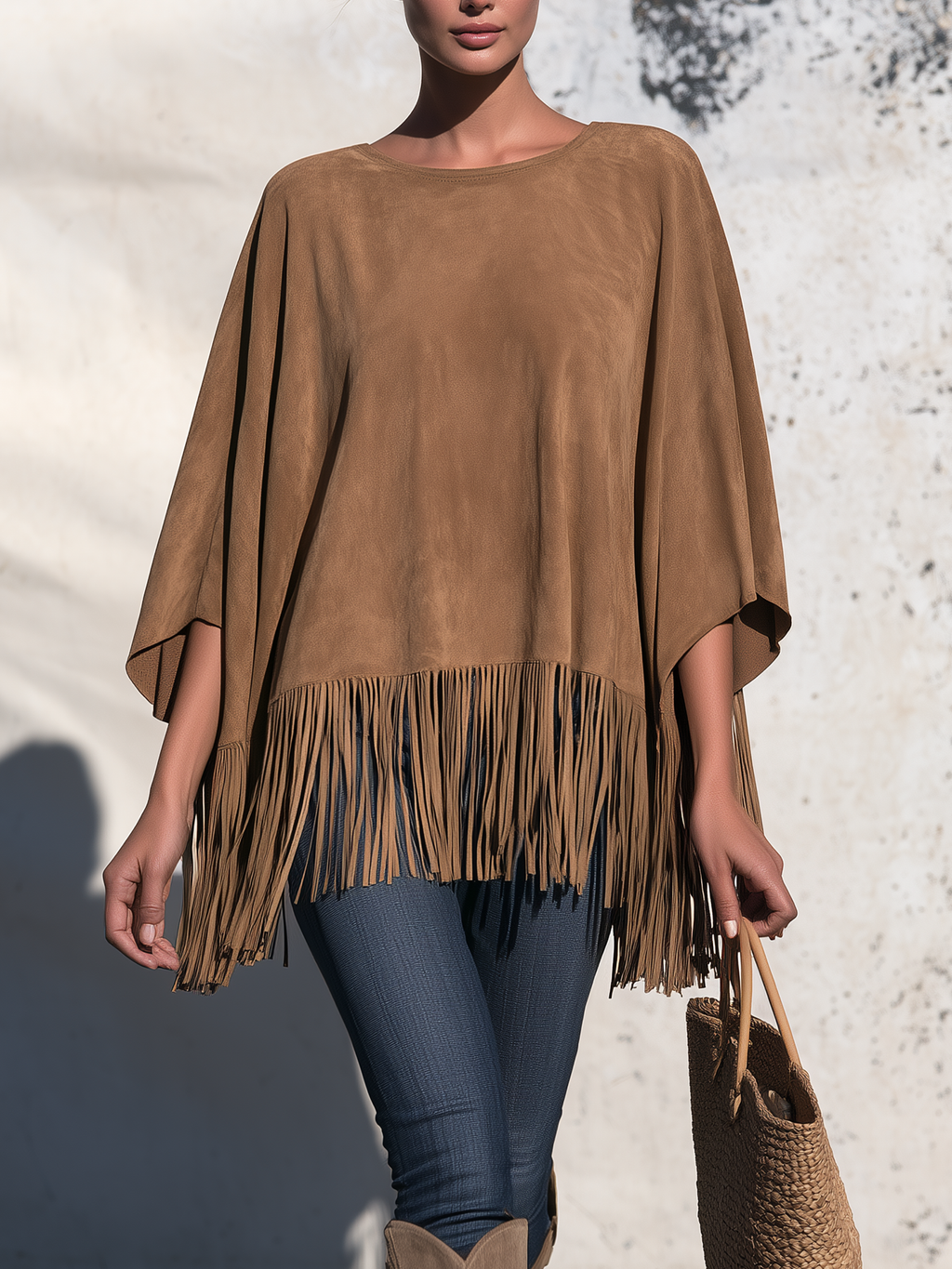 Bartolomea | Poncho couleur cuir à franges