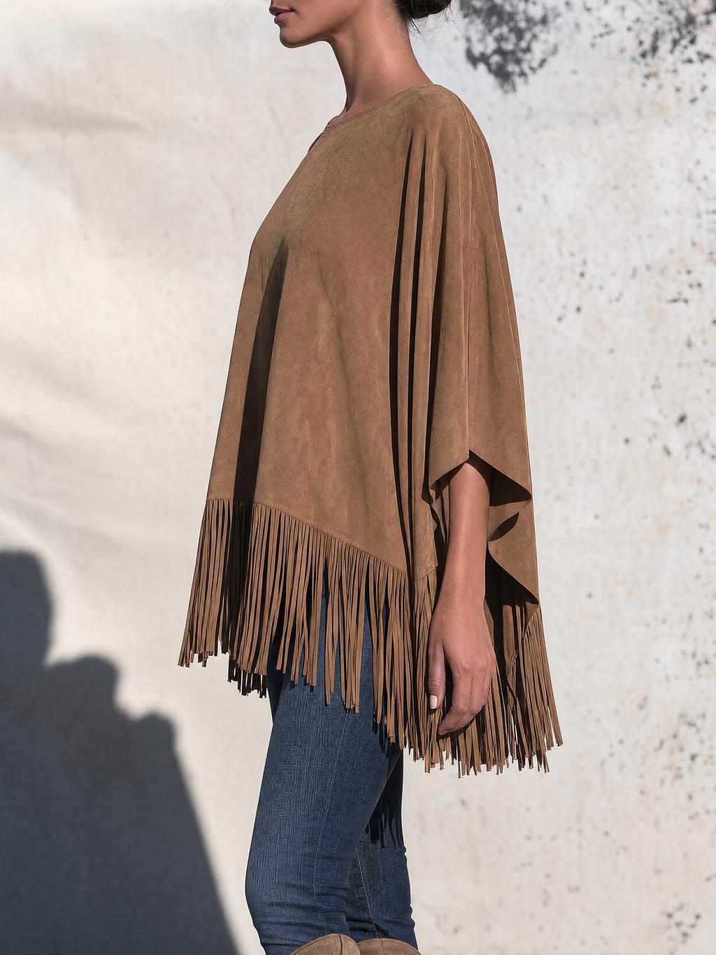 Bartolomea | Poncho couleur cuir à franges