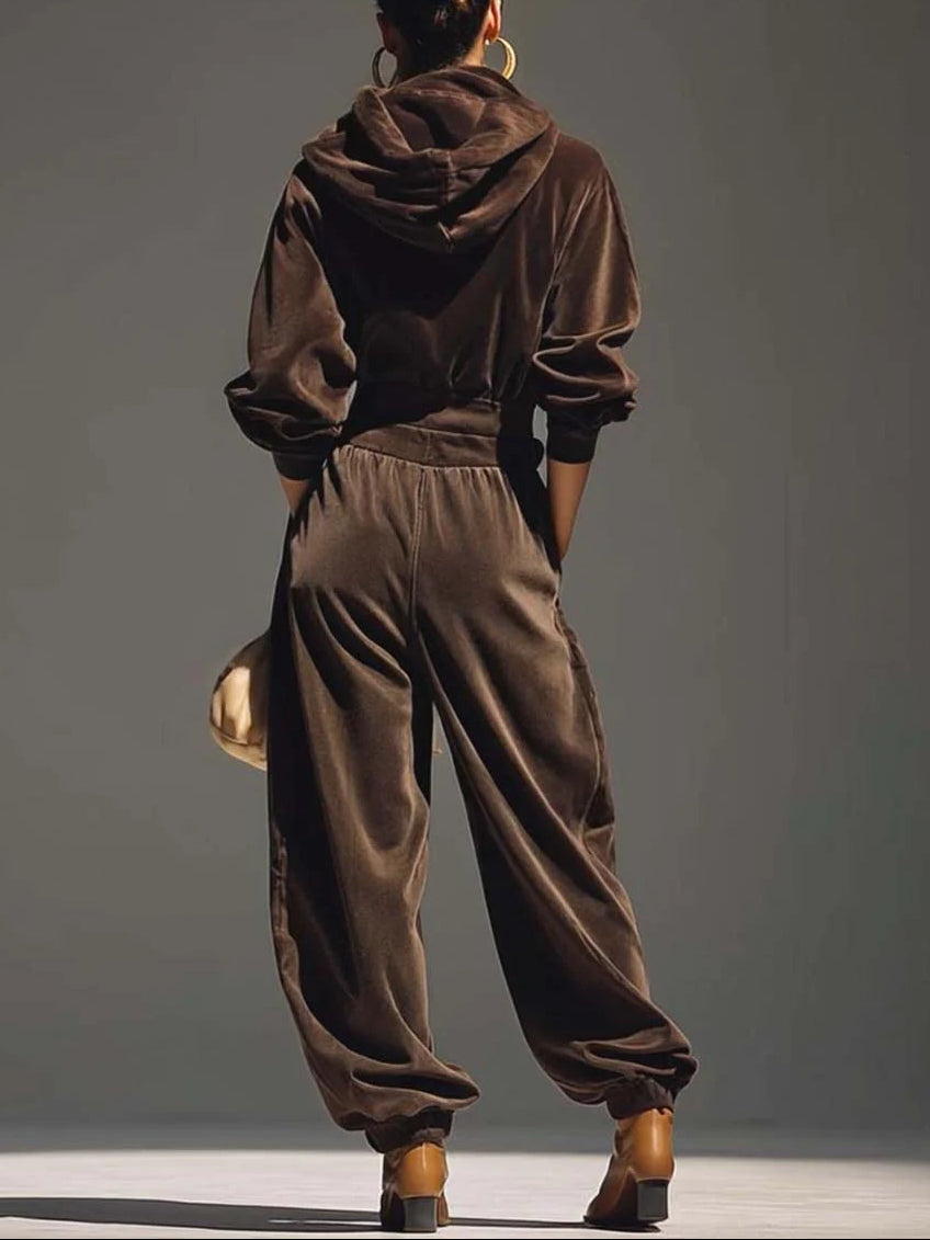 Ensemble sweat-shirt et pantalon en velours marron vintage (ceinture incluse)