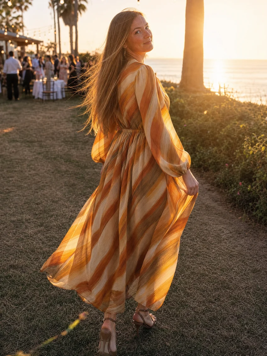 Robe midi à imprimé abstrait, manches longues et taille élastique