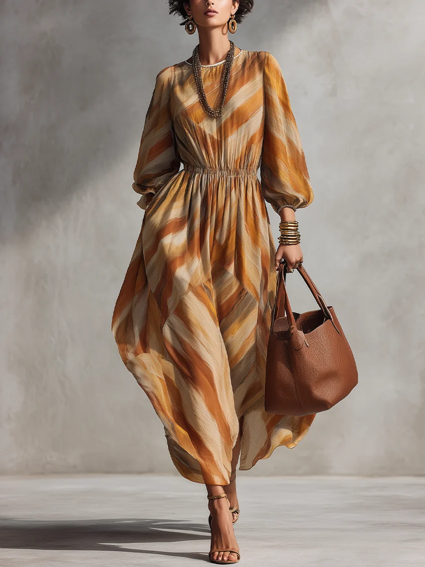 Robe midi à imprimé abstrait, manches longues et taille élastique