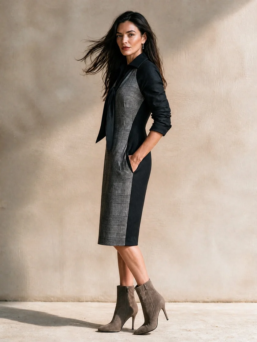 Robe midi à carreaux avec col lavallière noir