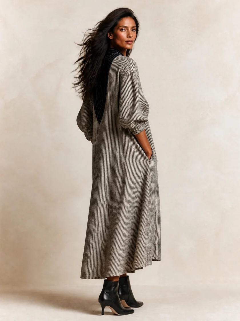 Robe longue ample à rayures avec col contrastant noir