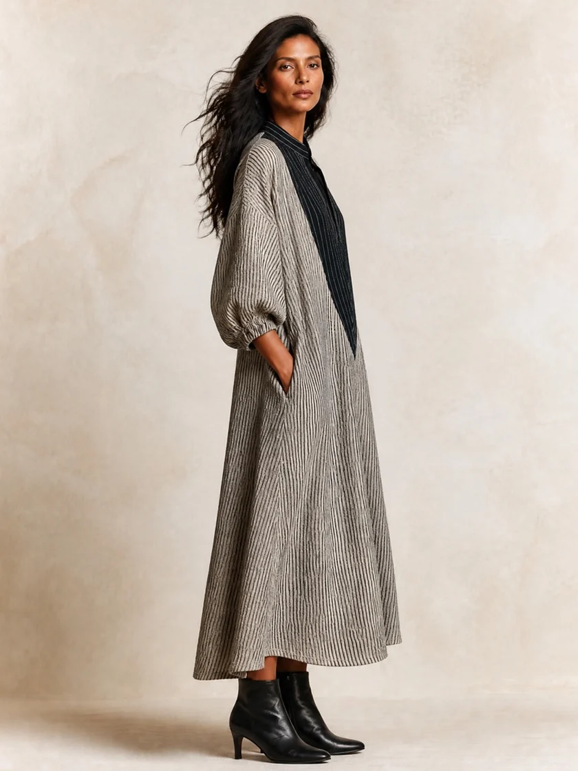 Robe longue ample à rayures avec col contrastant noir
