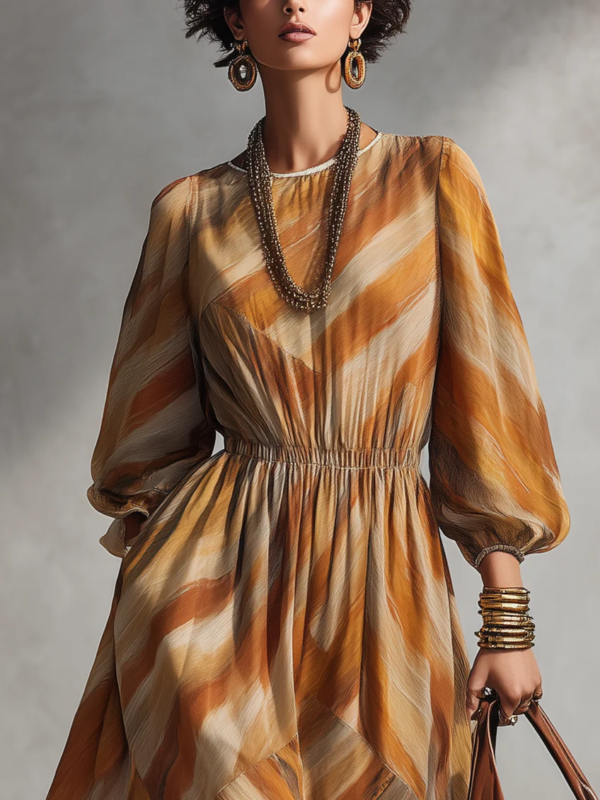 Robe midi à imprimé abstrait, manches longues et taille élastique