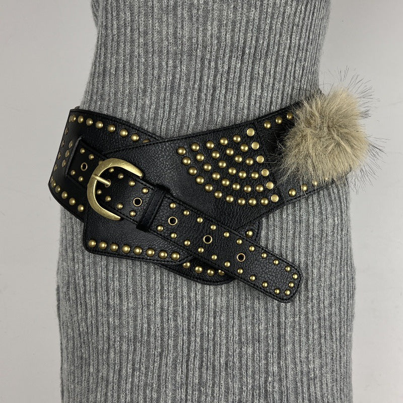 Ceinture rétro en similicuir avec poils