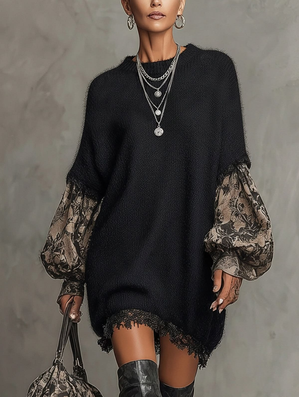 Robe courte noire imprimée à manches longues et détail en dentelle
