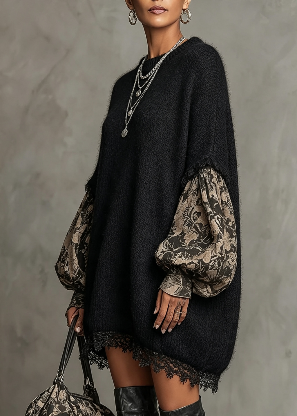 Robe courte noire imprimée à manches longues et détail en dentelle