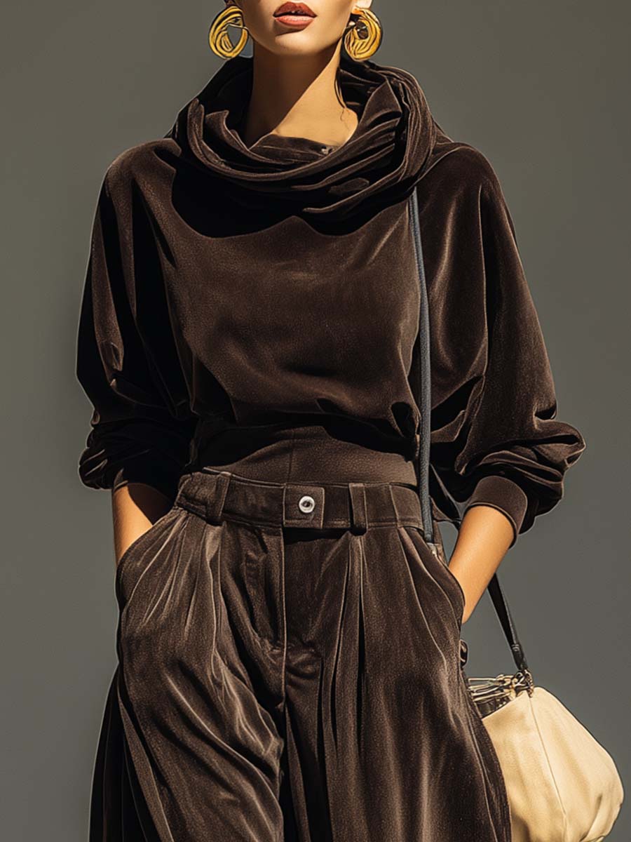Ensemble sweat-shirt et pantalon en velours marron vintage (ceinture incluse)