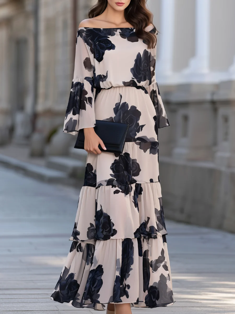 Robe longue beige à épaules dénudées avec imprimé floral et volants