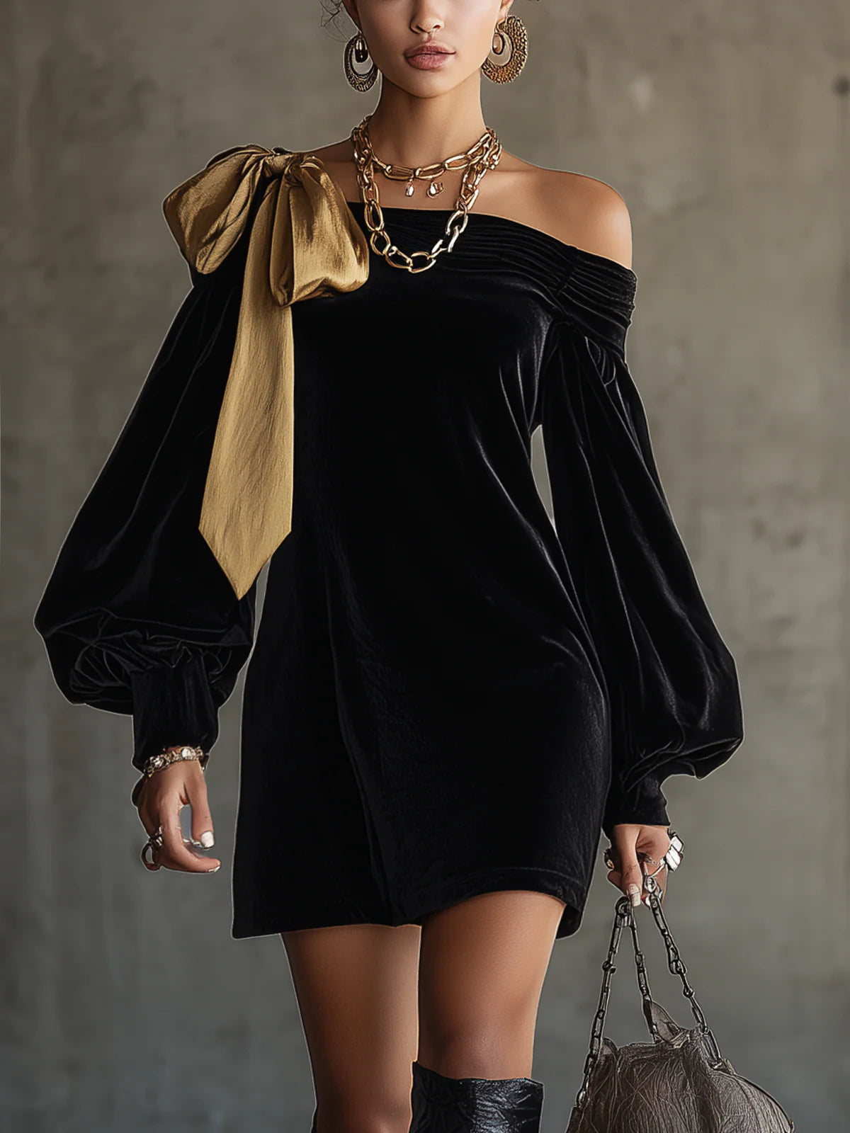 Mini-robe noire en velours avec nœud en satin doré