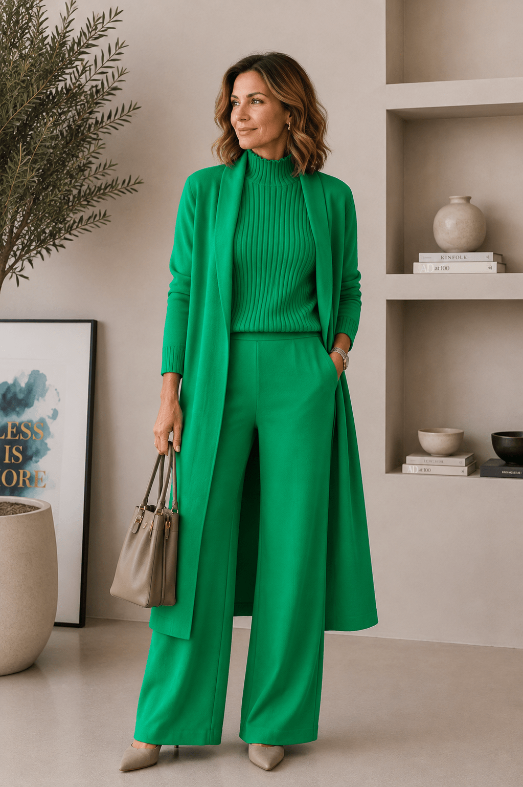 Ensemble 3 pièces en viscose avec haut côtelé et cardigan