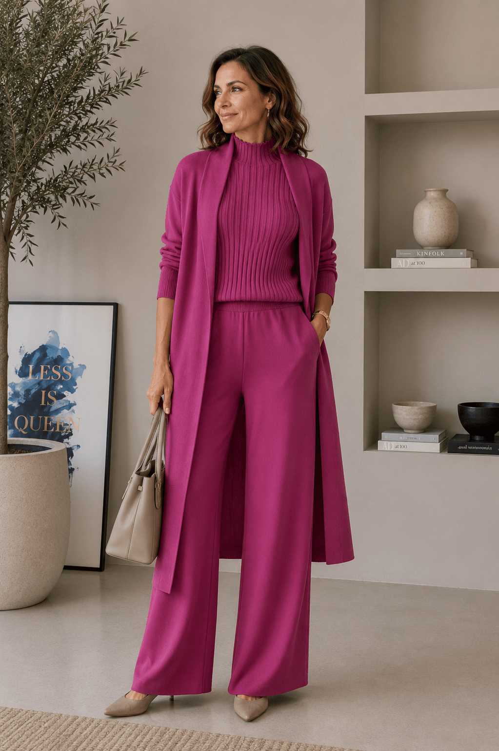 Ensemble 3 pièces en viscose avec haut côtelé et cardigan