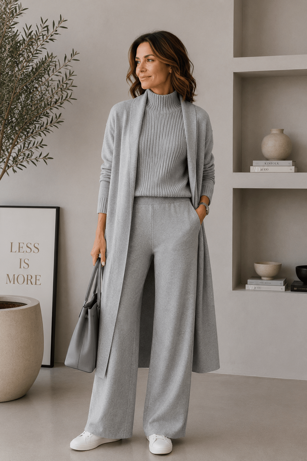 Ensemble 3 pièces en viscose avec haut côtelé et cardigan