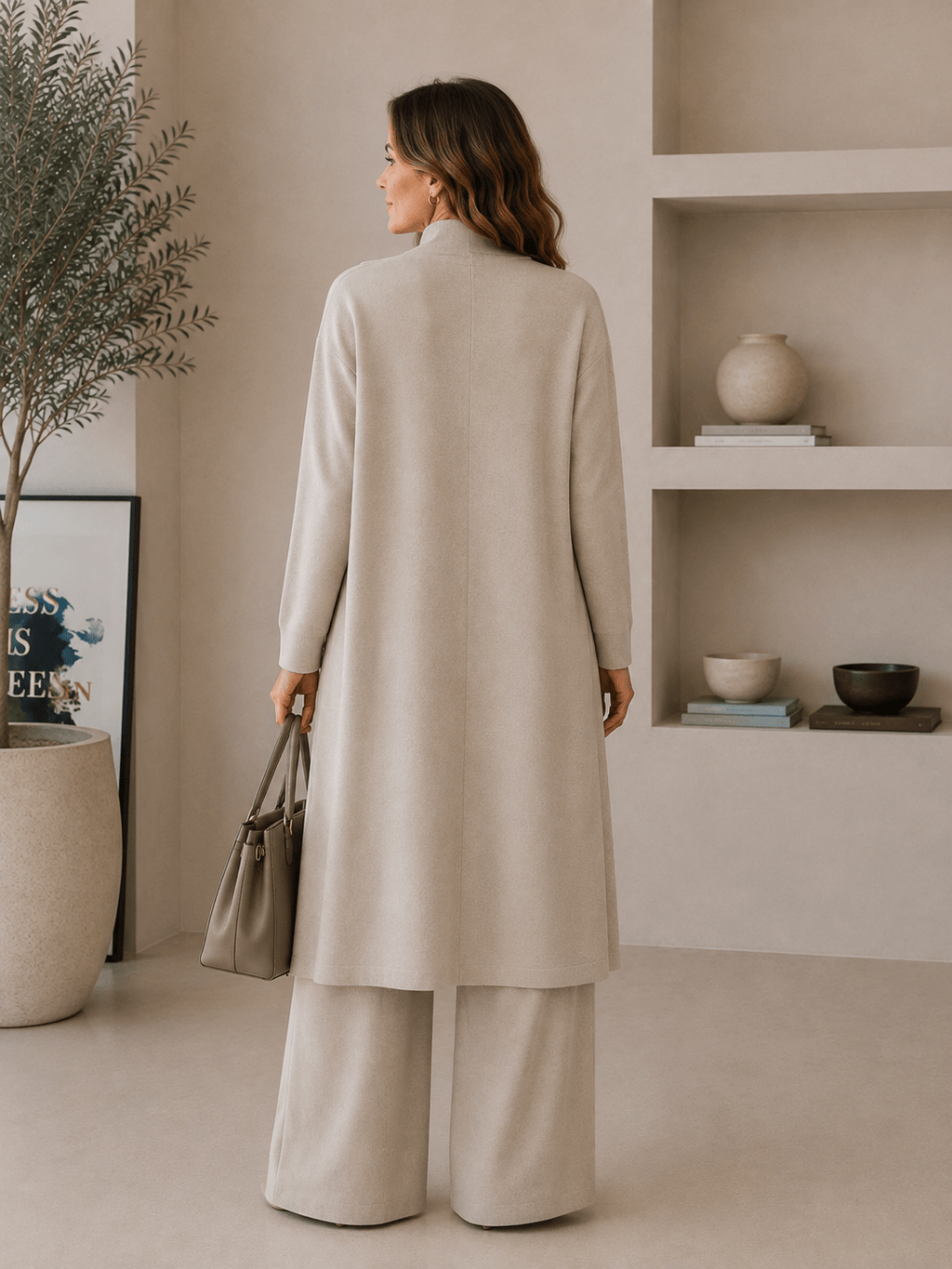 Ensemble 3 pièces en viscose avec haut côtelé et cardigan