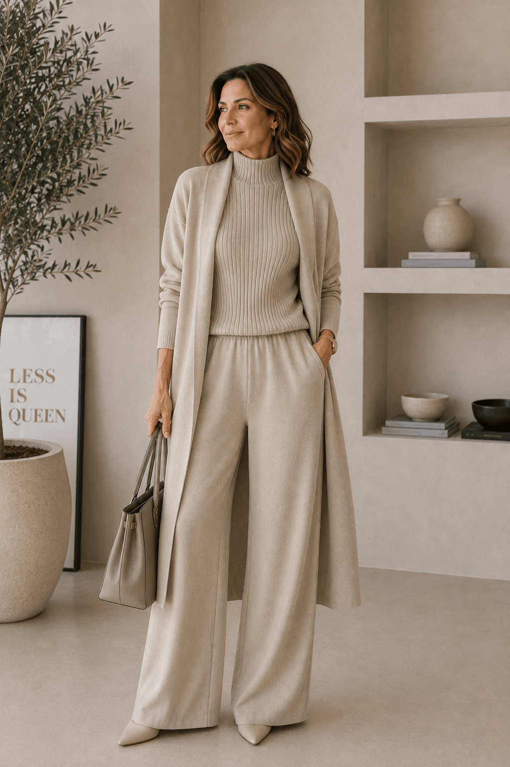 Ensemble 3 pièces en viscose avec haut côtelé et cardigan