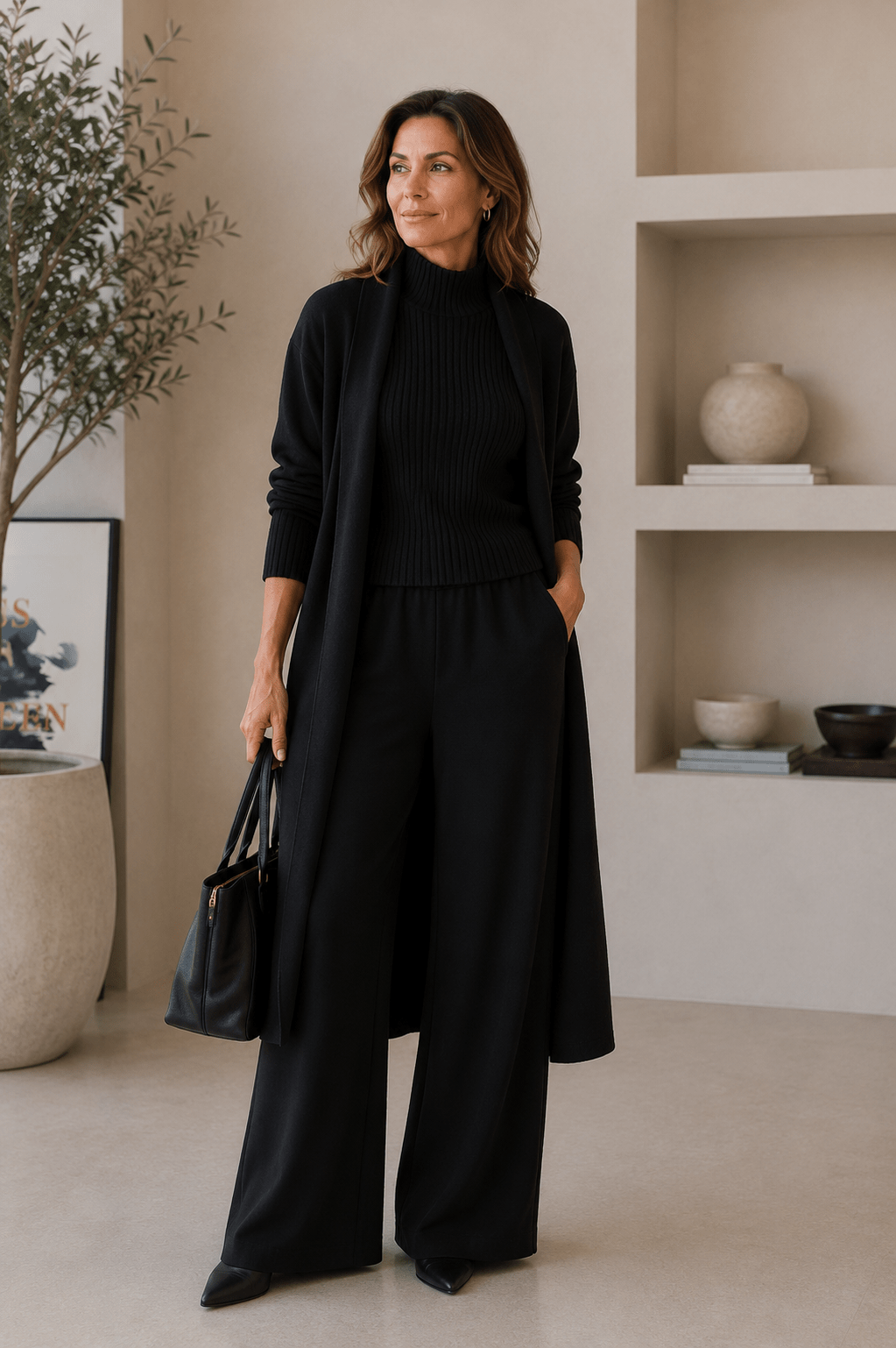 Ensemble 3 pièces en viscose avec haut côtelé et cardigan