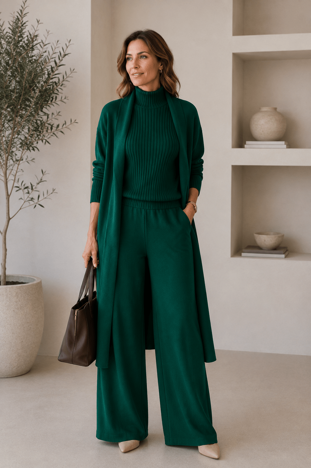 Ensemble 3 pièces en viscose avec haut côtelé et cardigan