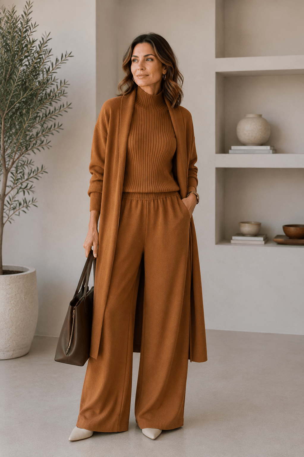 Ensemble 3 pièces en viscose avec haut côtelé et cardigan
