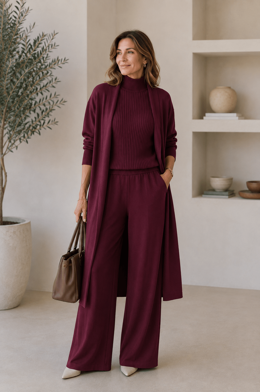 Ensemble 3 pièces en viscose avec haut côtelé et cardigan