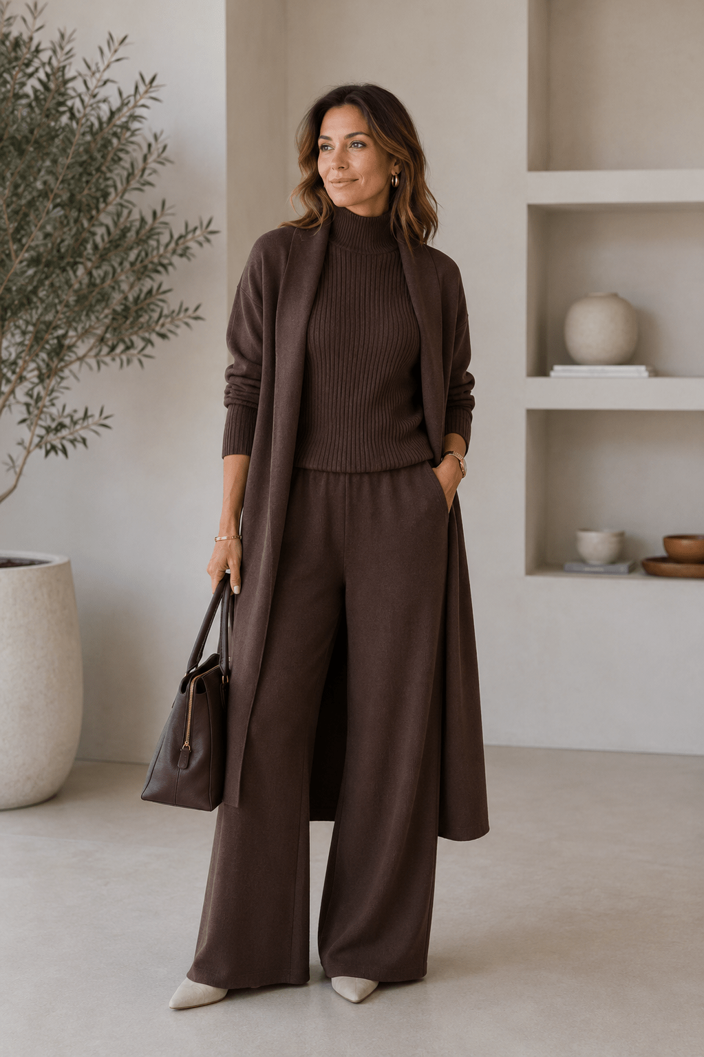 Ensemble 3 pièces en viscose avec haut côtelé et cardigan