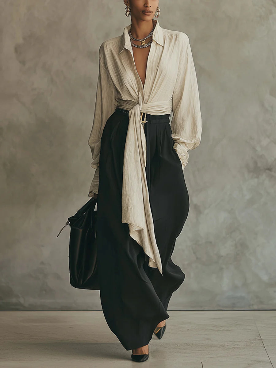 Ensemble chemise beige à lacets et pantalon noir