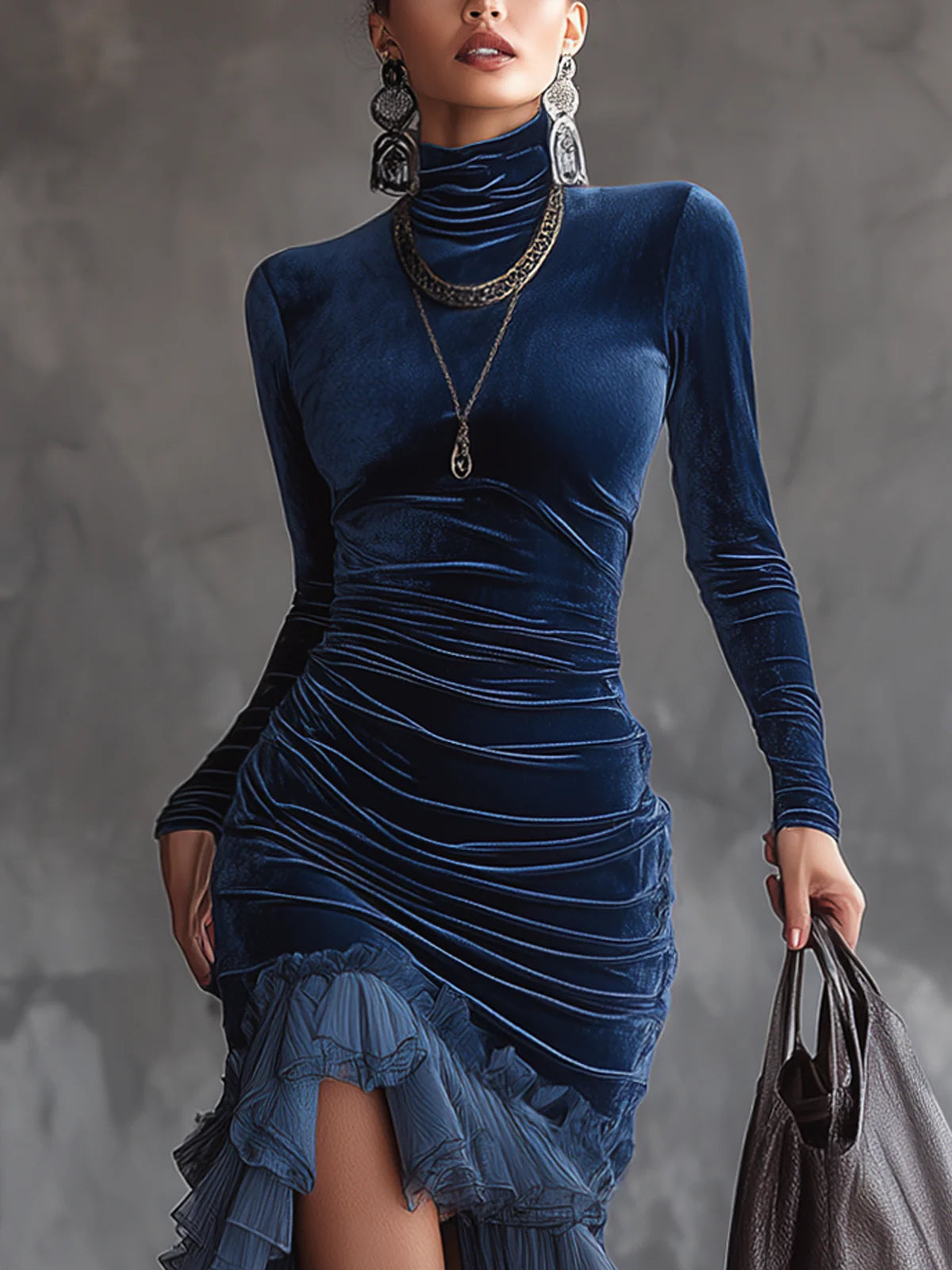 Robe longue en velours bleu marine avec volants plissés