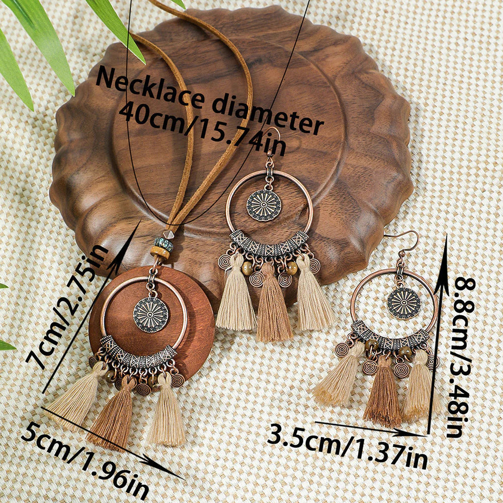 Parure collier et boucles d'oreilles à pompons, style bohème vintage