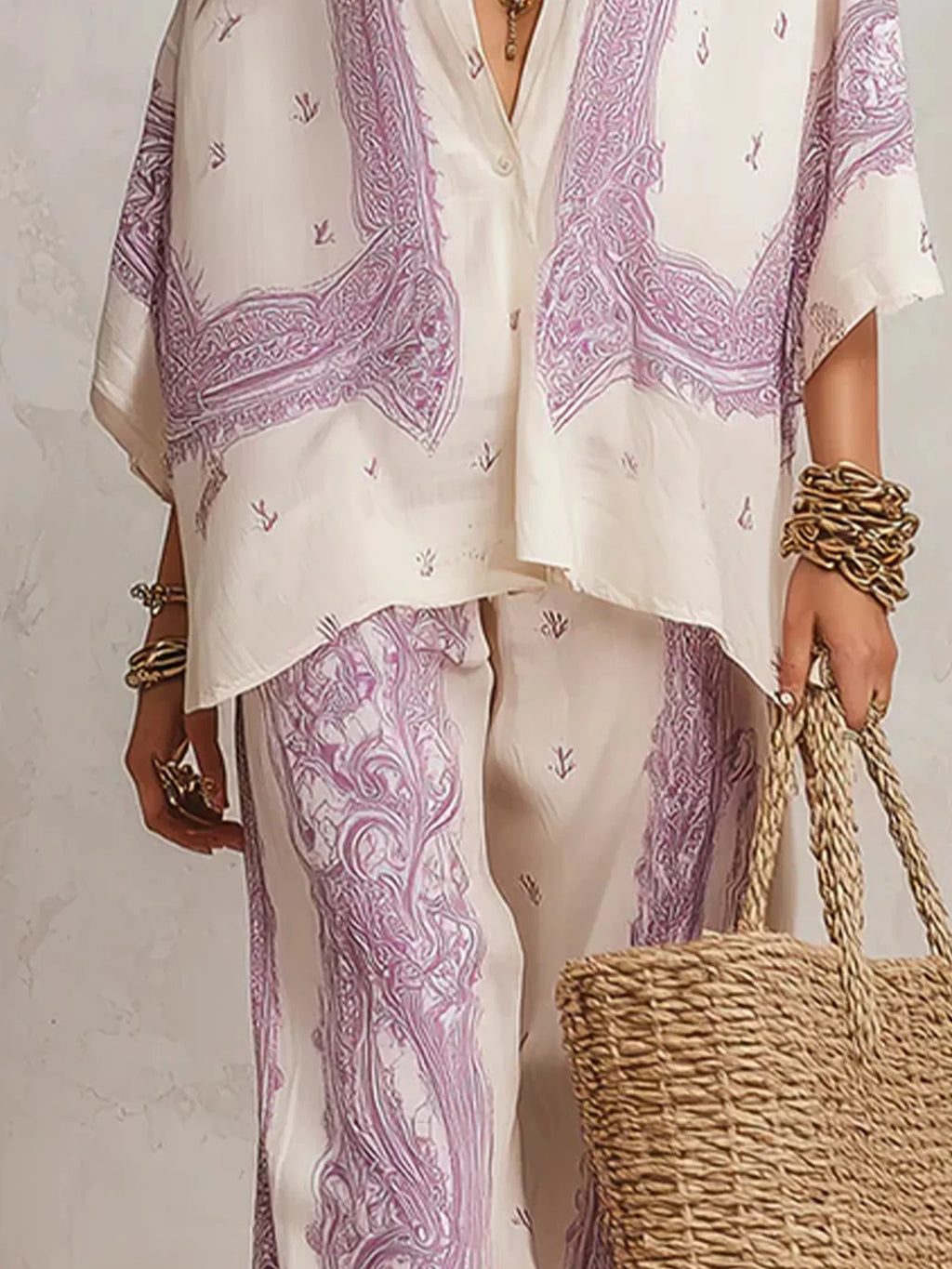 Elise™ Élégant ensemble deux pièces à motif cachemire, chemisier et pantalon large