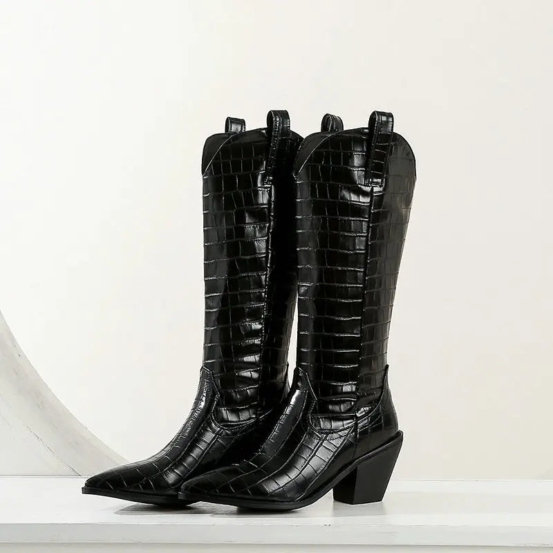 Bottes hautes style western effet crocodile