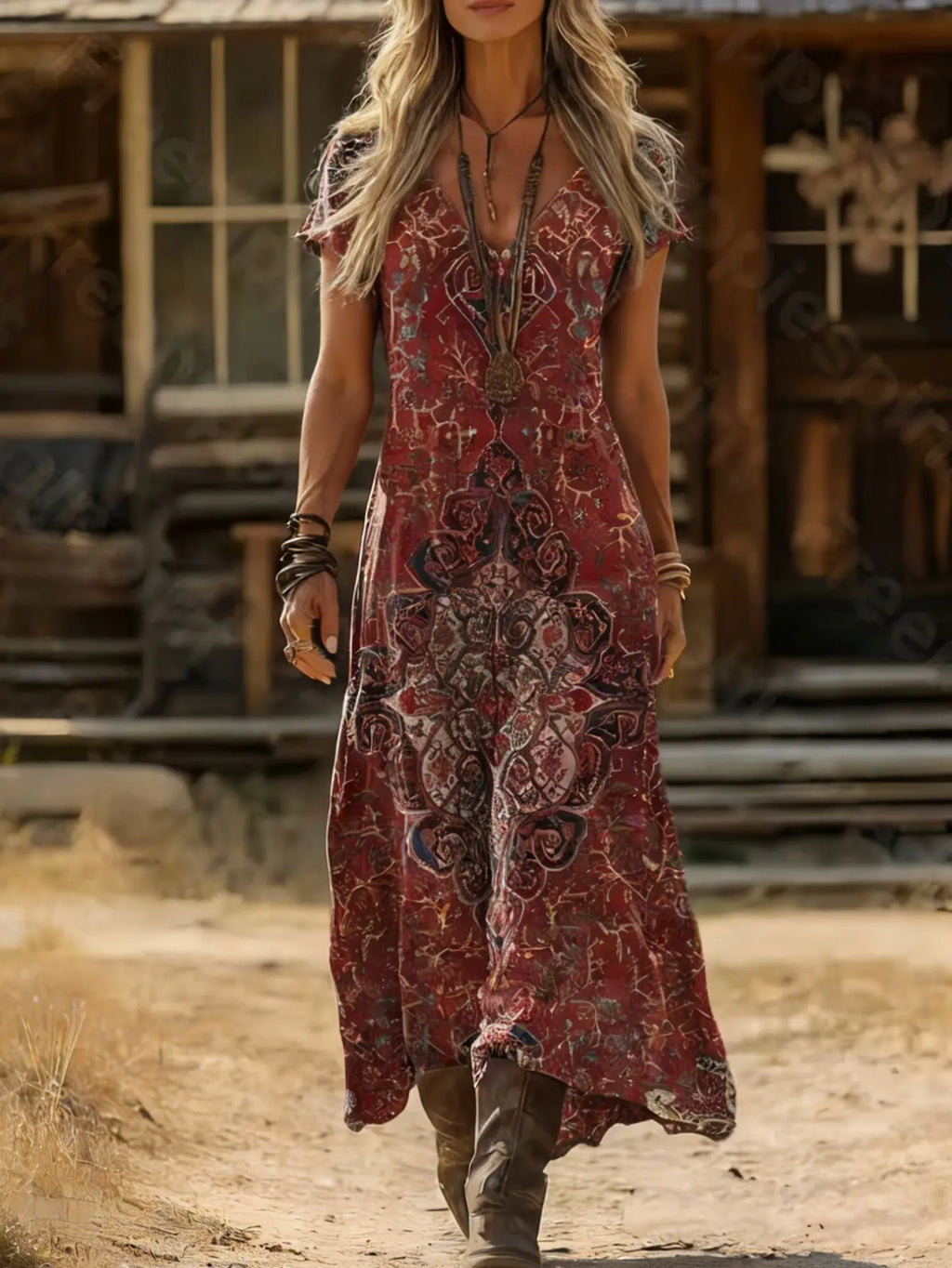 Robe longue bohème Elara à col en V