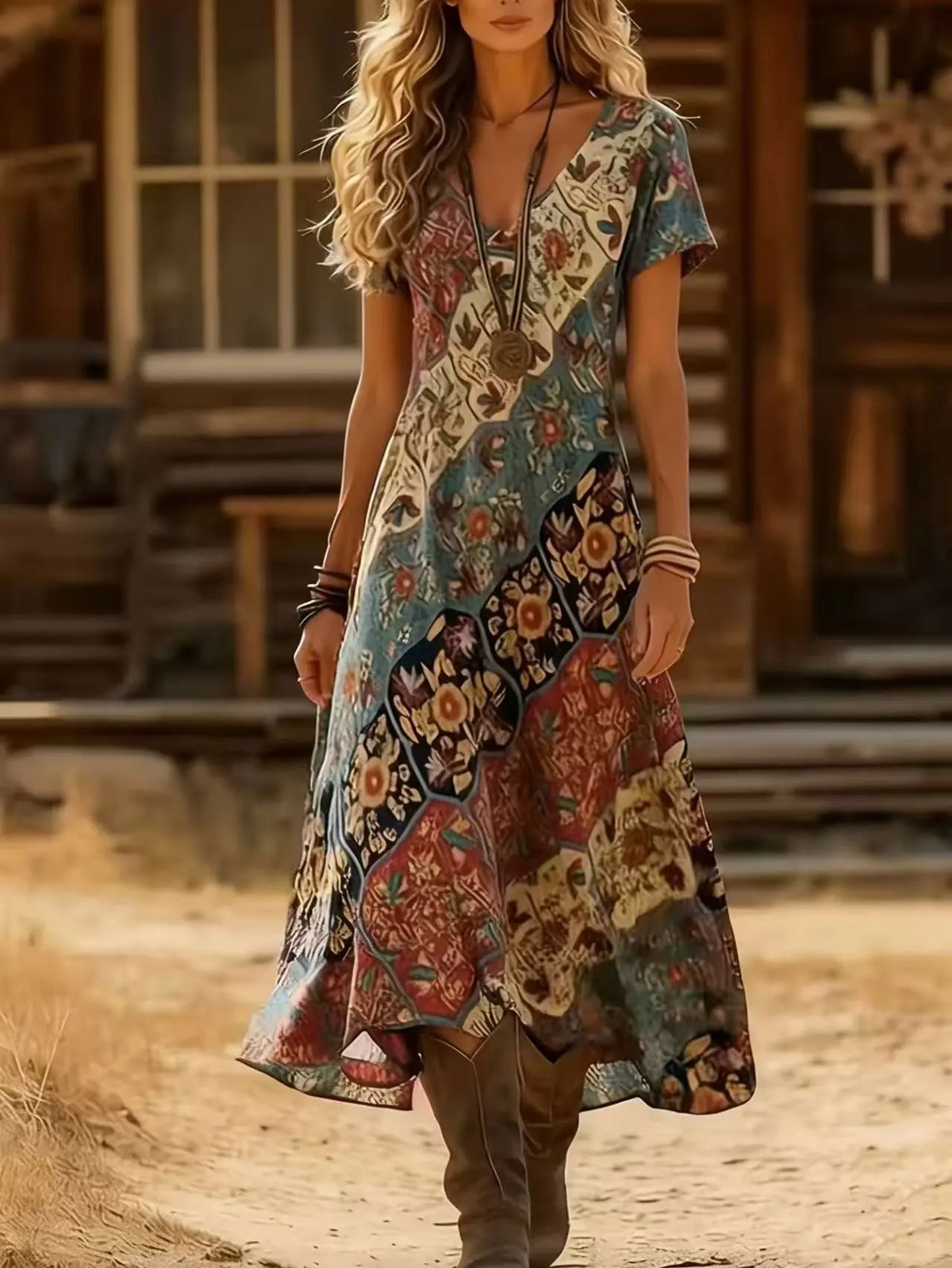 Robe longue bohème Elara à col en V