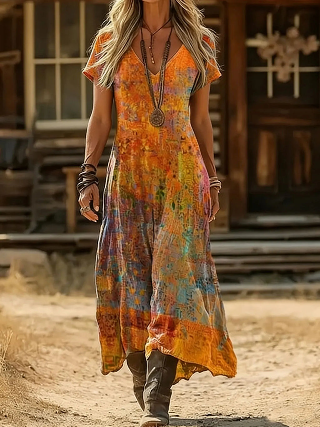 Robe longue bohème Elara à col en V