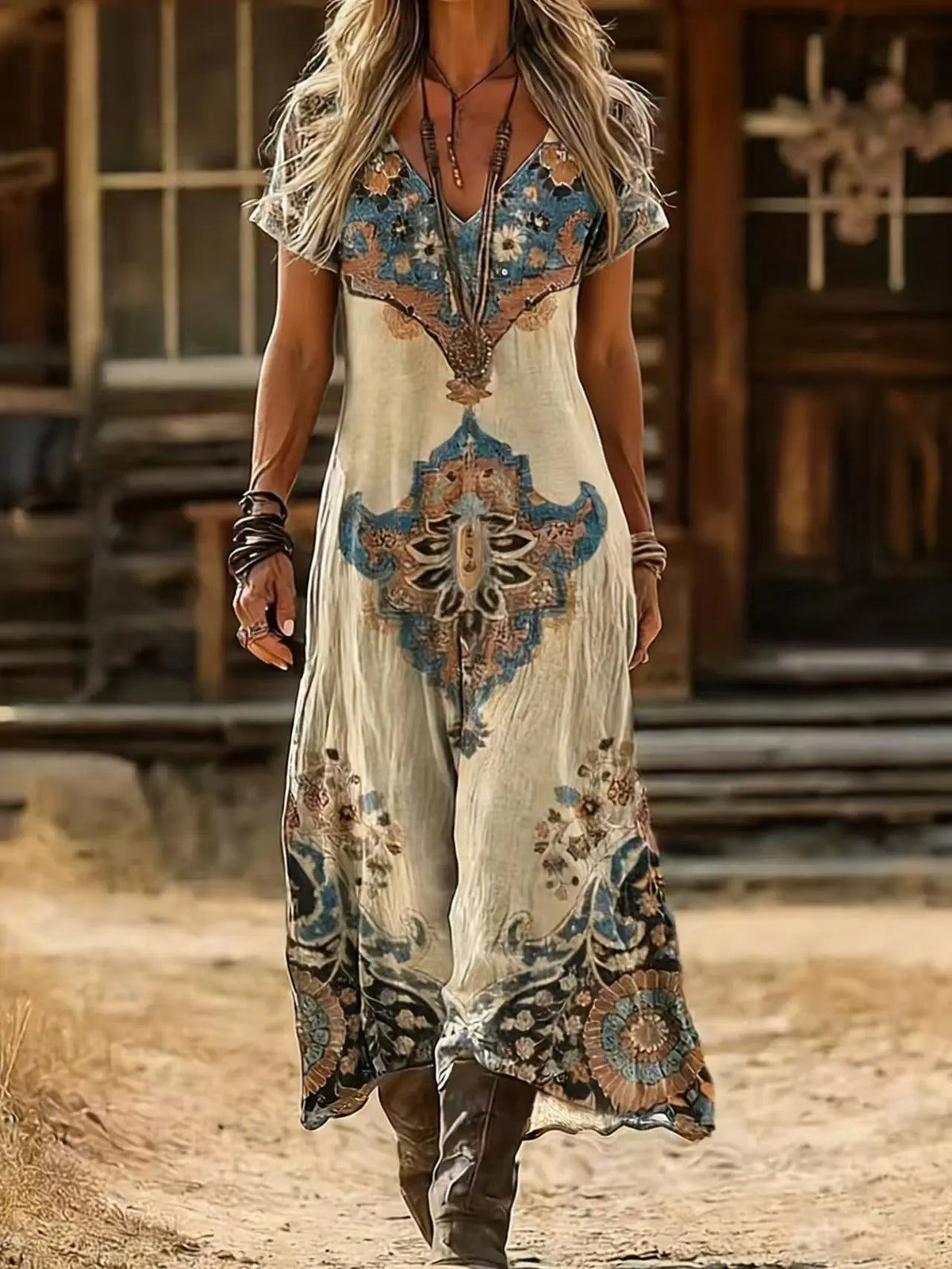 Robe longue bohème Elara à col en V
