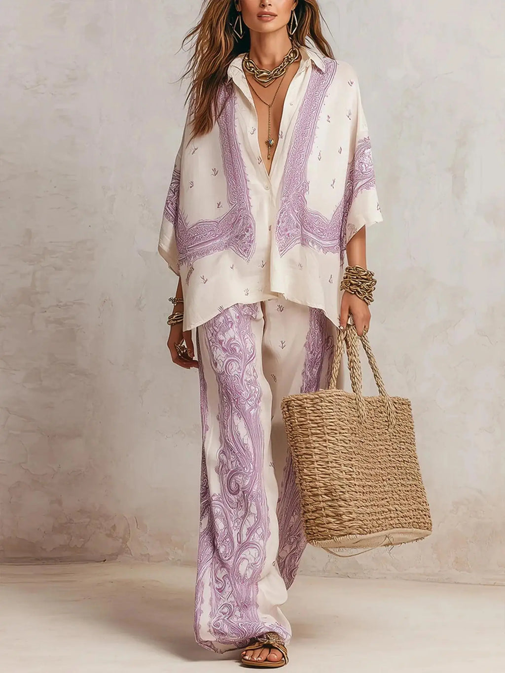 Elise™ Élégant ensemble deux pièces à motif cachemire, chemisier et pantalon large