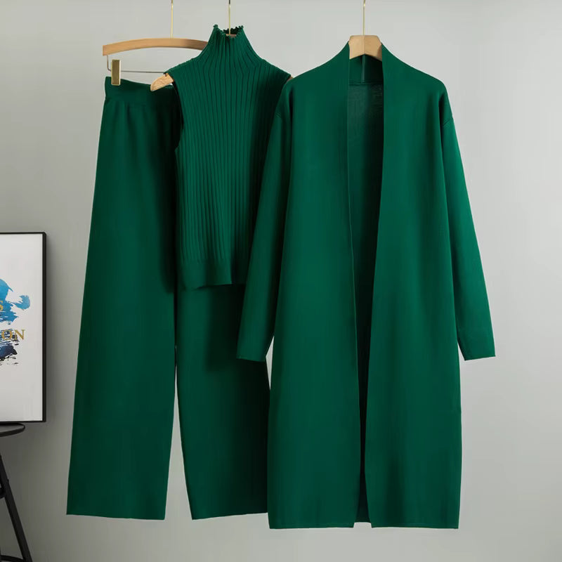 Ensemble 3 pièces en viscose avec haut côtelé et cardigan