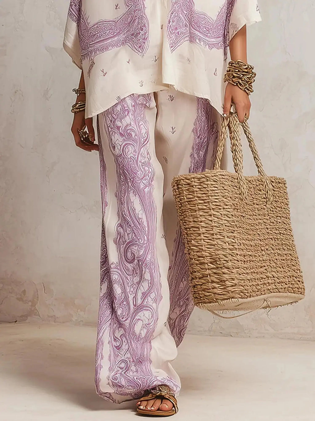 Elise™ Élégant ensemble deux pièces à motif cachemire, chemisier et pantalon large