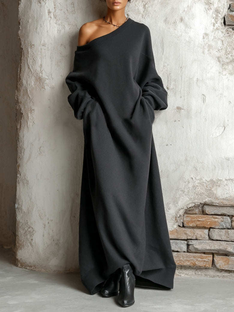 Robe longue noire style sweat à une épaule dénudée